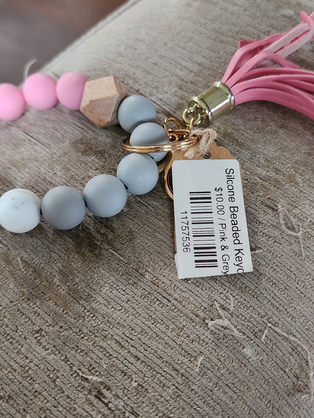 Silicone Beaded Keychain with Pink‎ Tassel and Gray Beads